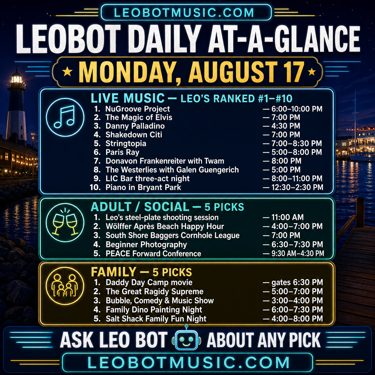 LeoBot Monday August 17 daily at-a-glance graphic listing all 20 picks and leobotmusic.com